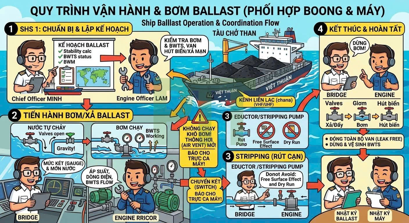 Quy trình vận hành và bơm Ballast (phối hợp boong và máy)