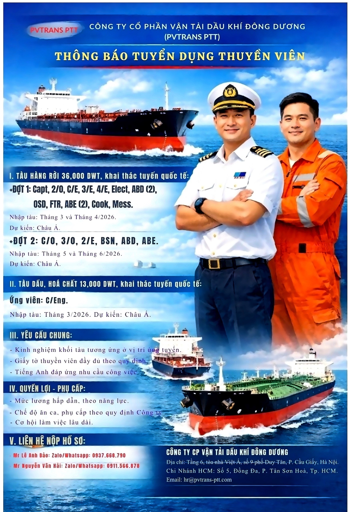 PVTRANS-PTT THÔNG BÁO TUYỂN DỤNG THUYỀN VIÊN LÀM VIỆC TRÊN TUYẾN QUỐC TẾ