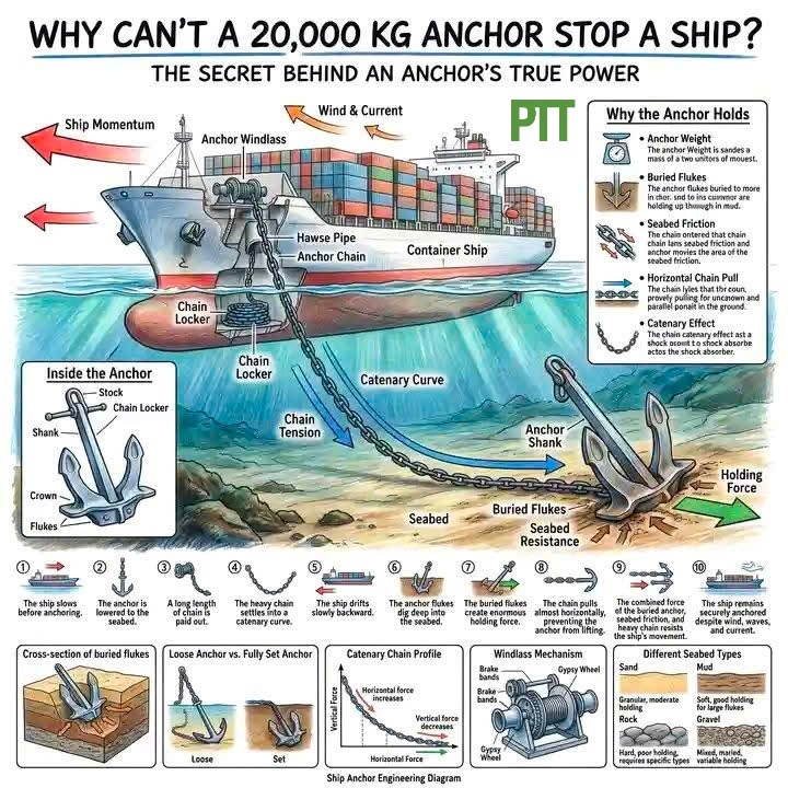 A 20,000 kg (44,000 lb) anchor isn't strong enough to stop a moving cargo ship by its weight alone.